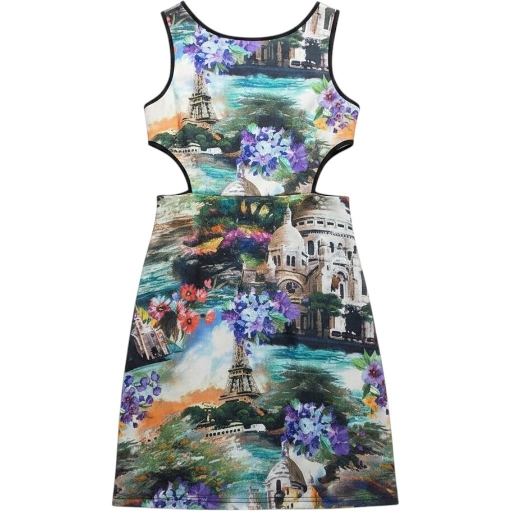 Just Love Paris Graphic Print CutOut Mini Dress Sleeveless Floral Eiffel Tower L